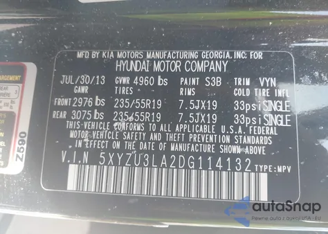 2013 Hyundai Santa Fe Sport 2.0T from USA, damaged, VIN 5XYZU3LA2DG114132